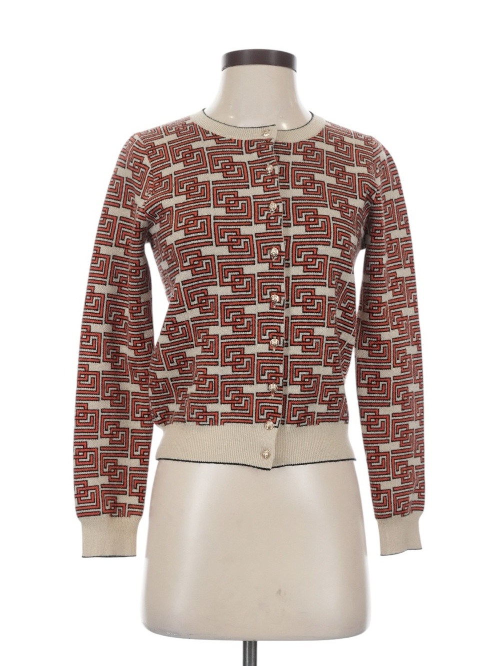 Ann Taylor Cream, Red, and Navy Geometric Knit Cardigan Sweater